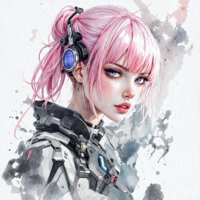 The primary subject of the image is a woman with pink hair, wearing a white outfit and a headset. She is looking at the camera with a pouty expression. The setting is a room with a blue background. The visual style is a watercolor painting, giving the image a vibrant and artistic appearance. The colors and mood are predominantly pink and blue, creating a playful and lively atmosphere.